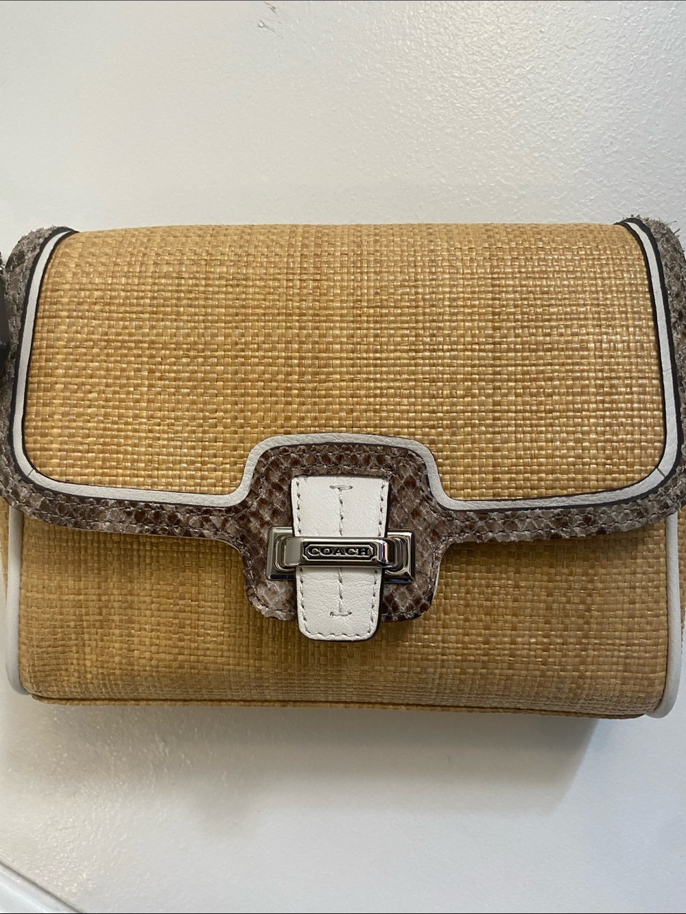 Coach Straw and Leather wristlet White and Brown Snake-Trim